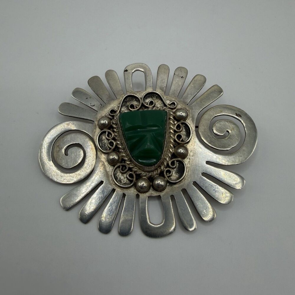 Vintage Mexican Sterling Silver Green Stone Aztec Brooch Pin 17.5g 2.5"
